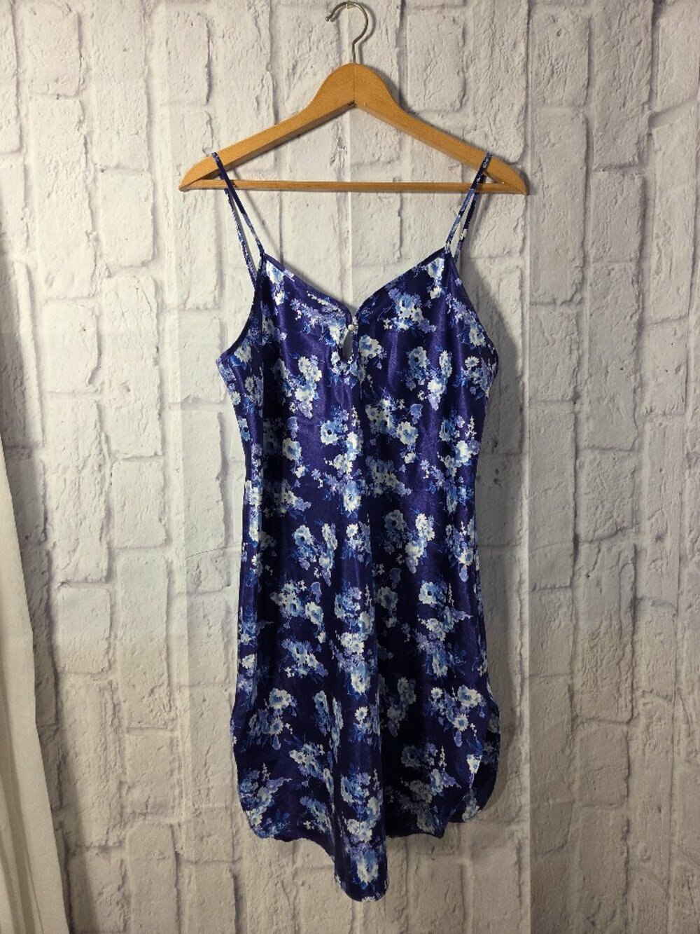 Vintage Secret Treasures Medium Blue Floral Satin Short Cami Nightgown